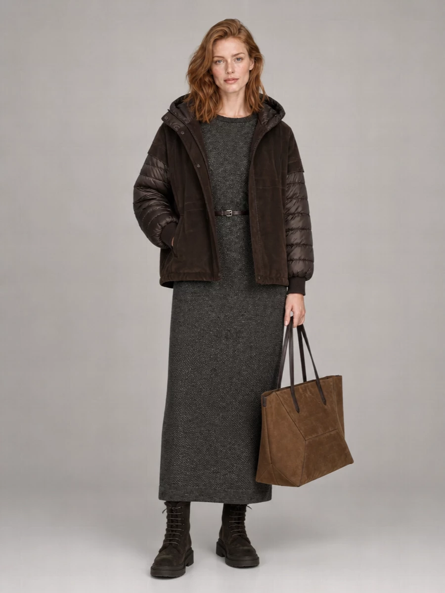 Moorer Suede Quilted Hooded Asymmetric 2-In-1 Jacket
