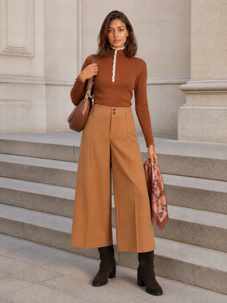 Chloe camel wide leg trousers brown knit outfit
