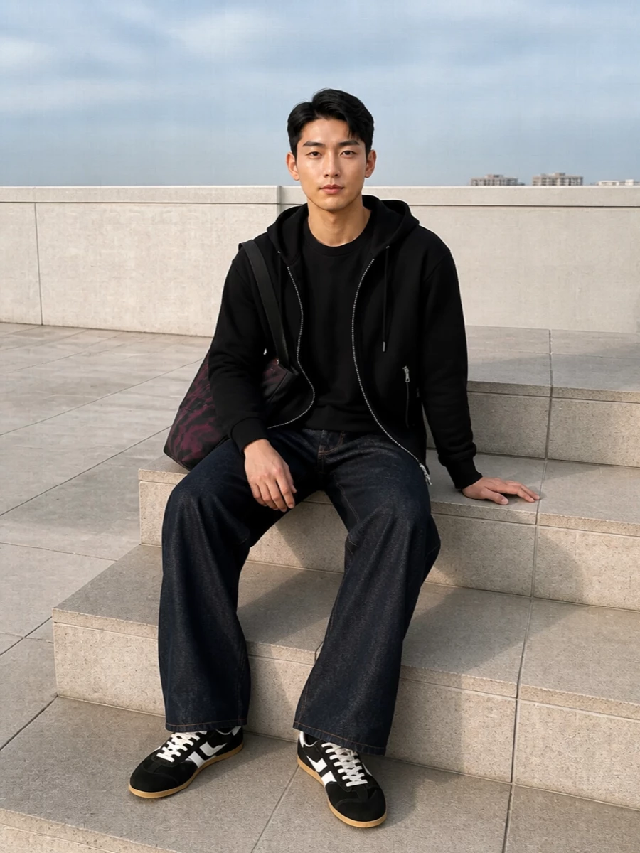 Dries van noten black hoodie wide leg jeans outfit