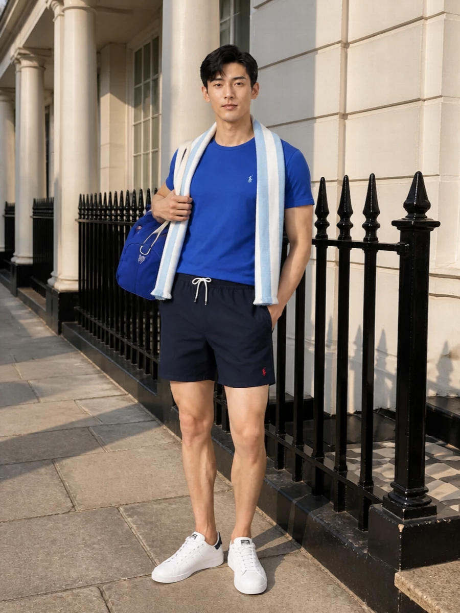 Royal blue up top and navy below keeps this ultra-clean, athletic prep story feeling intentional rather than throw-on. Crisp white court sneakers and a matching blue duffle sharpen it for city walks, gym runs or a seaside afternoon, while the striped scarf adds a soft coastal note without cluttering the lines.