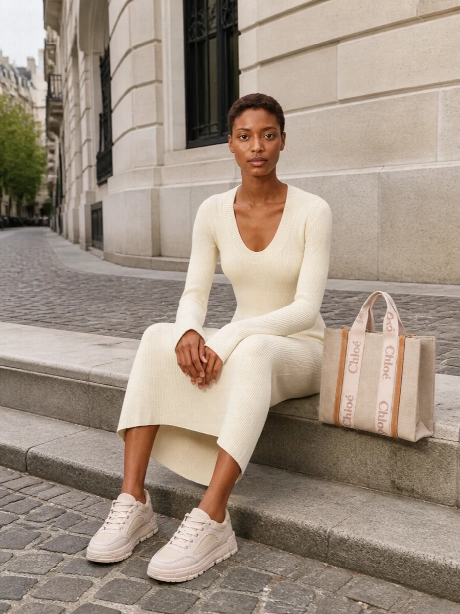 A creamy ribbed knit column and tonal chunky sneakers create a soft, elongated line that feels relaxed but considered against the structured Chloé tote. The dress route works best here, keeping the story to one continuous neutral tone so the bag’s texture and webbing detail read as a deliberate focal point. The result is a polished city uniform that moves easily from errands to a low-key desk day without breaking the minimalist mood.