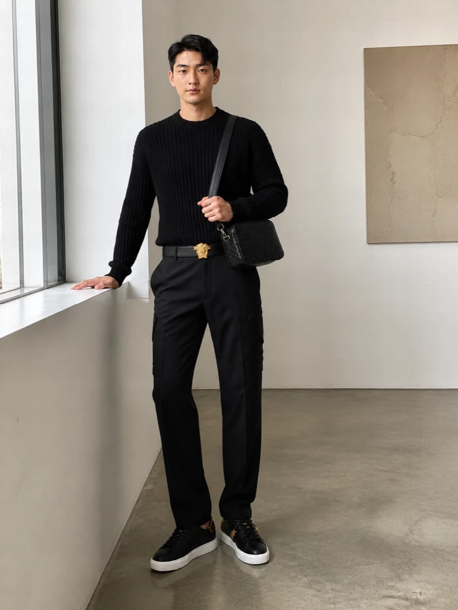 Versace black sweater cargo pants sneakers outfit
