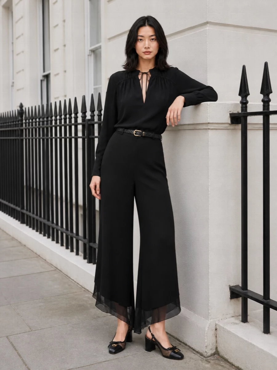 Victoria beckham black blouse wide leg trouser outfit