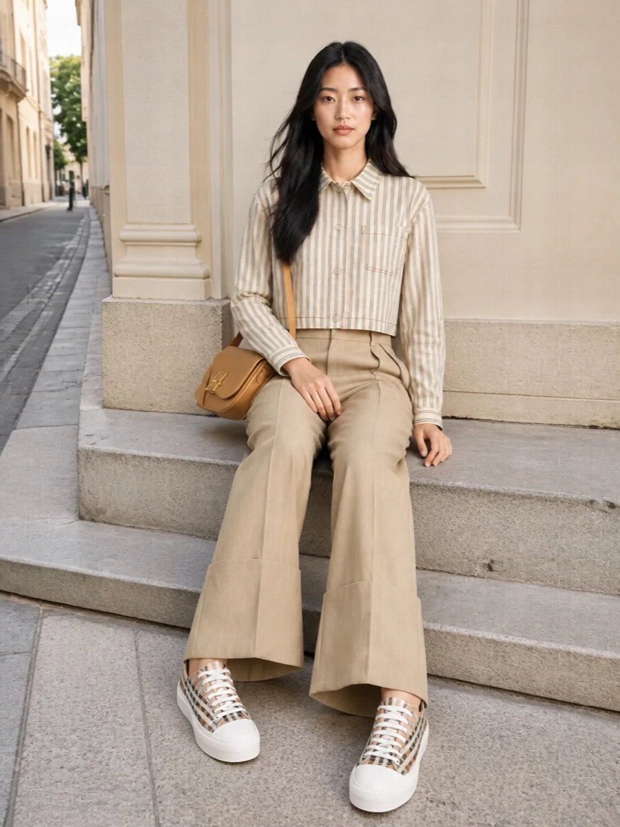 This outfit leans into the sneaker’s heritage check with a Fendi striped cropped shirt and sculpted camel Victoria Beckham wide-leg trousers, keeping the palette warm and graphic without feeling busy. The proportions stay modern and a touch street thanks to the cropped top over a high rise and the platform sole, while the tailored pieces and Ferragamo bag hold it firmly in a quiet-luxury space. I chose the top and trouser route over a dress so the sneakers feel intentionally styled, not like an add-on to a one-piece, giving you more control over proportion and attitude.