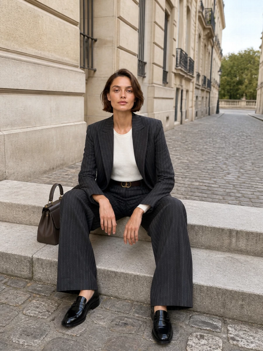 Dondup pinstripe blazer wide leg trousers outfit