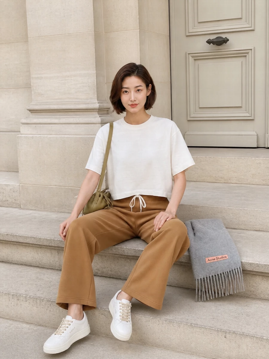 A soft ivory crop meets warm camel fleece for a relaxed sport set that feels pulled together without trying. The wide straight leg grounds the cinched hem, and creamy court sneakers keep the palette calm. A compact neutral cross-body and light scarf finish it with just enough structure for city errands or travel days.