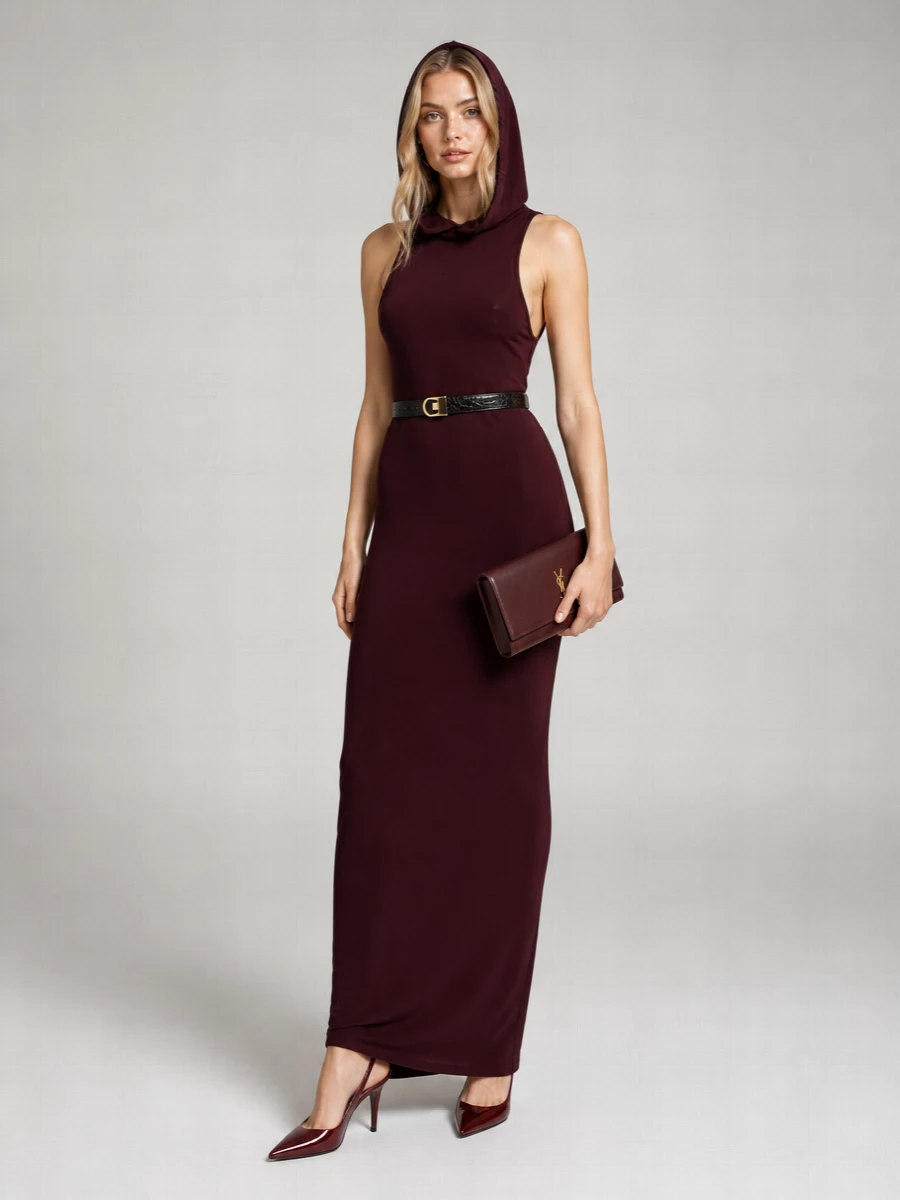 Saint Laurent Viscose Fine-Knit Hooded Sleeveless Maxi Dress