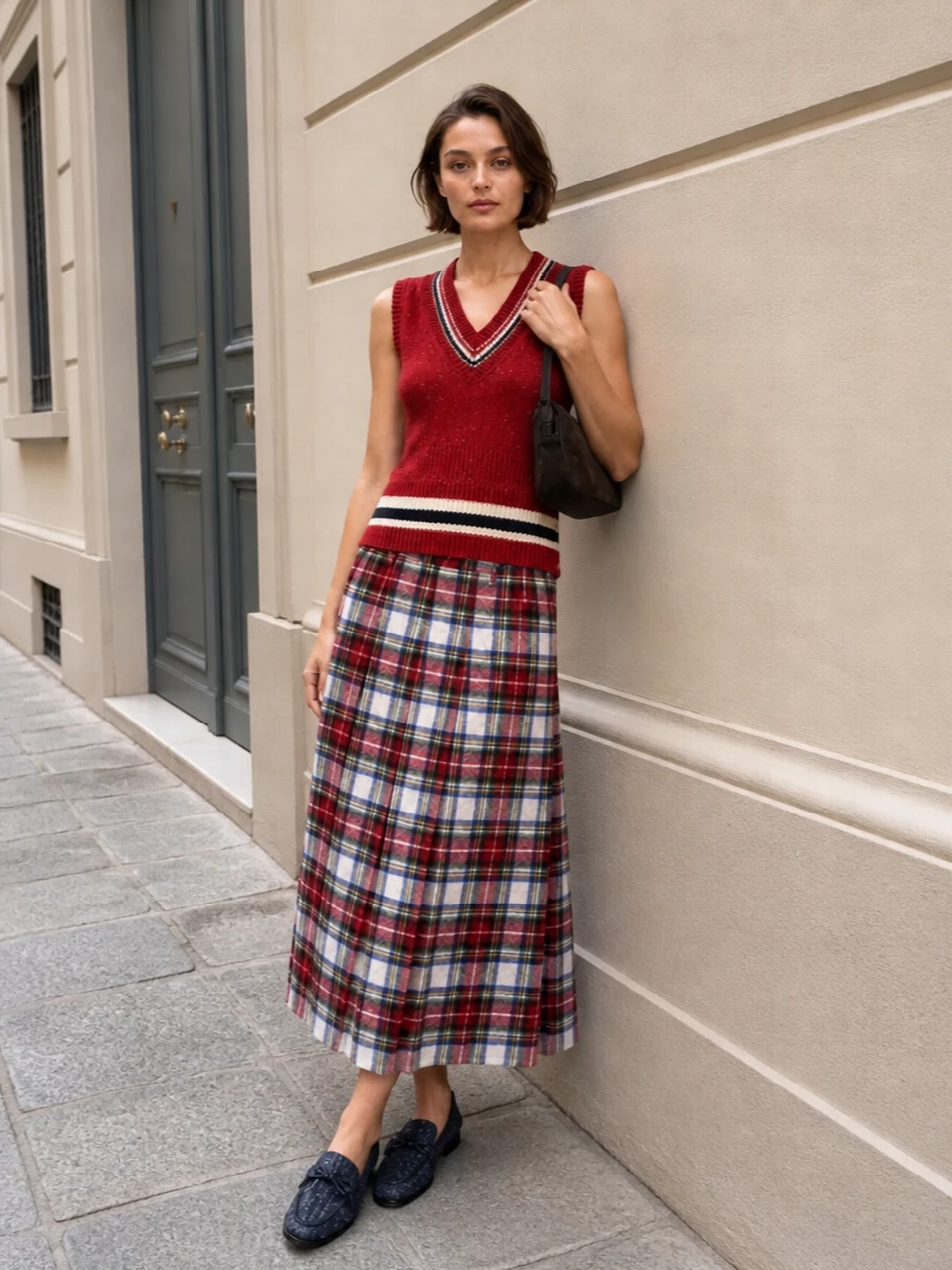 A heritage red Thom Browne knit meets an Mm6 kilted midi for a collegiate take that feels grown up rather than literal, thanks to the longer skirt length and rich wool textures. Navy Bottega loafers keep the leg clean and city ready, while a slim chocolate suede shoulder bag quietly anchors all the warm checks. The result is polished classroom-to-boardroom prep in a restrained, quietly luxurious palette for colder months.