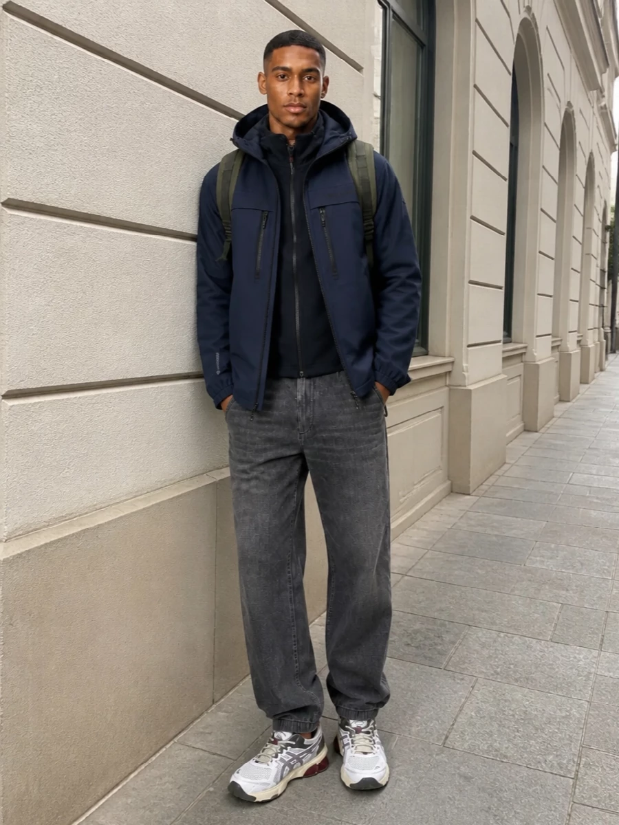 Moncler’s navy shell sits over a Woolrich softshell hoodie, creating a clean, layered technical stack in deep blues and charcoals. Margiela’s cuffed charcoal denim bridges city and sport, while Asics runners and a Porter nylon daypack keep the energy firmly performance oriented and ready for miles on foot.