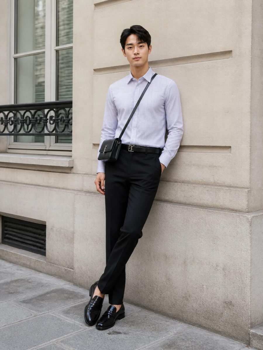 Saint laurent striped shirt black tailored trousers