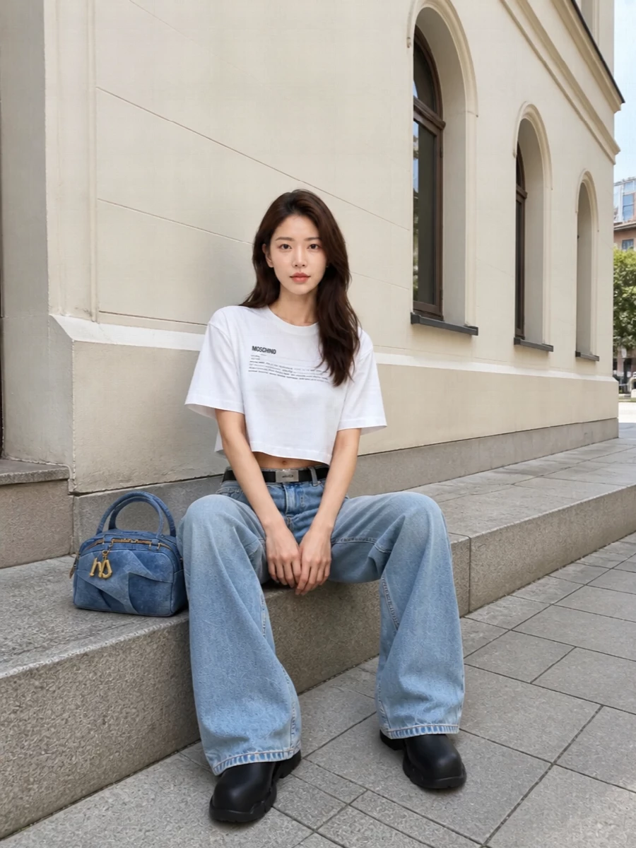 Moschino wide leg jeans cropped tee boots