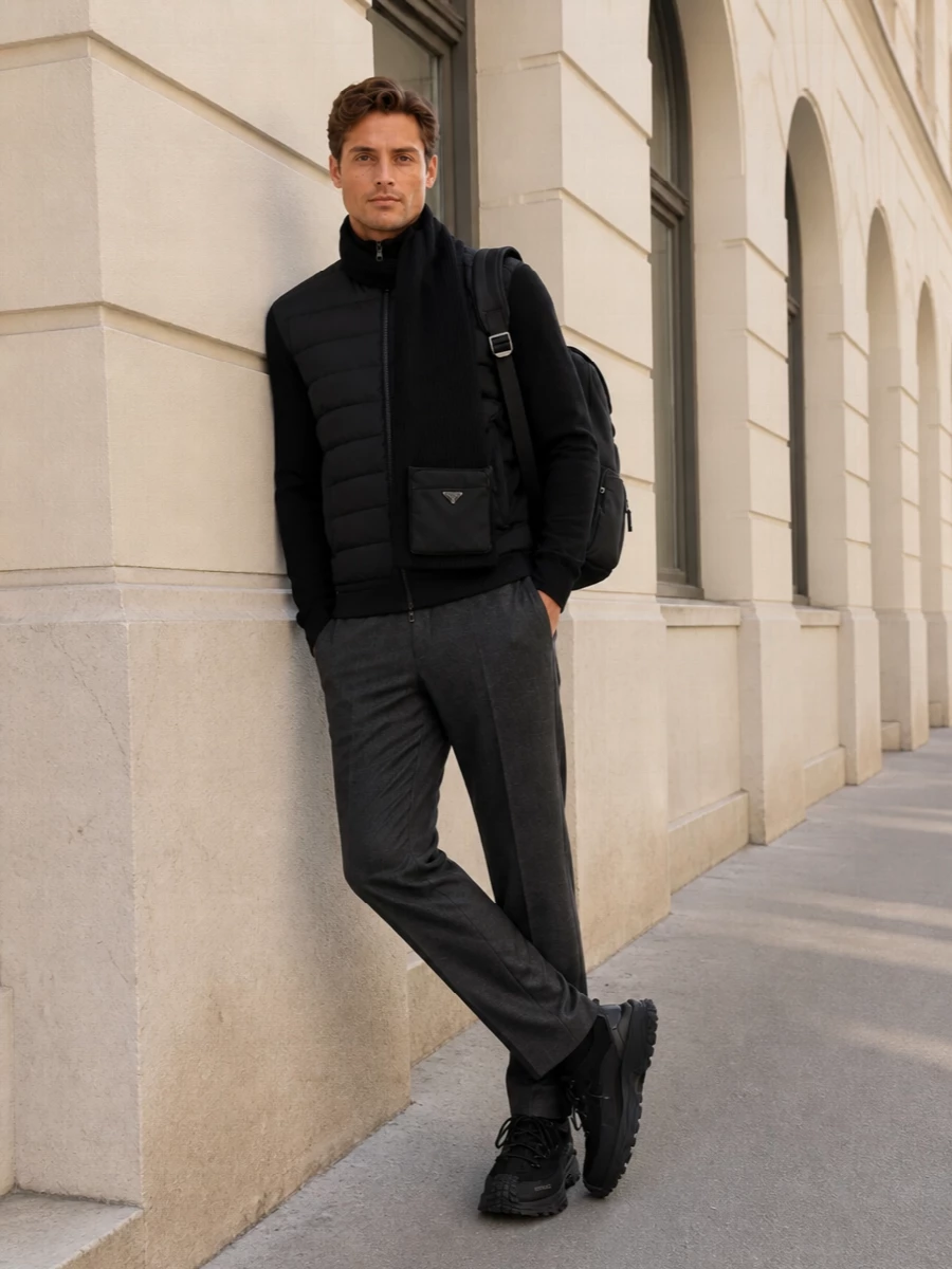 Moncler cardigan tailored trousers prada backpack
