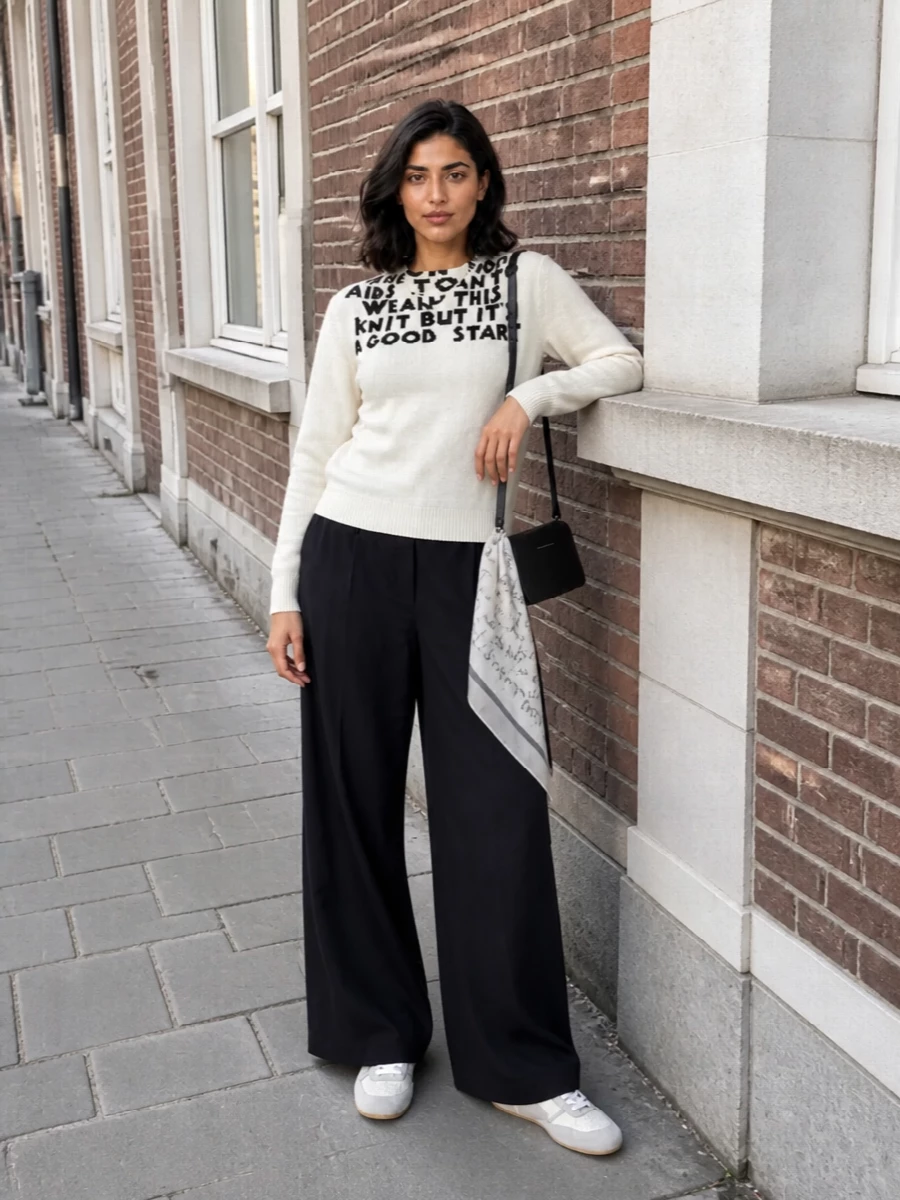 Mm6 cream sweater black wide leg outfit
