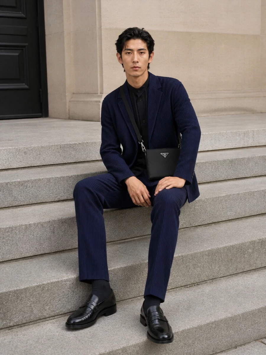 Homme plisse blazer navy trousers prada loafers