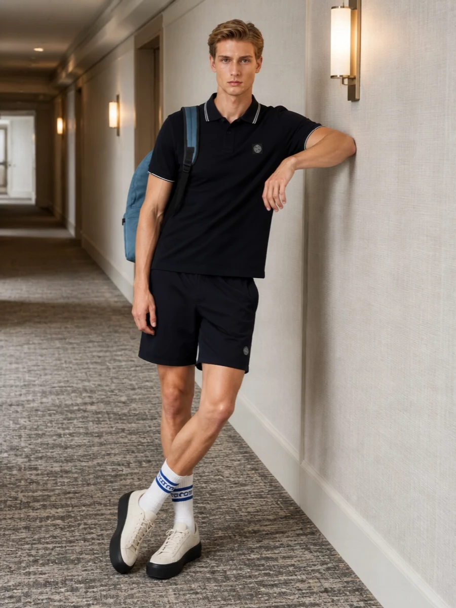A deep navy Stone Island polo sits over matching deck shorts for a clean, athletic take on warm-weather dressing. Neutral technical sneakers and a slate blue backpack keep the palette cool and graphic, with striped socks adding a discreet hit of sporty character. The result is sharp enough for the city but relaxed enough for seaside weekends.