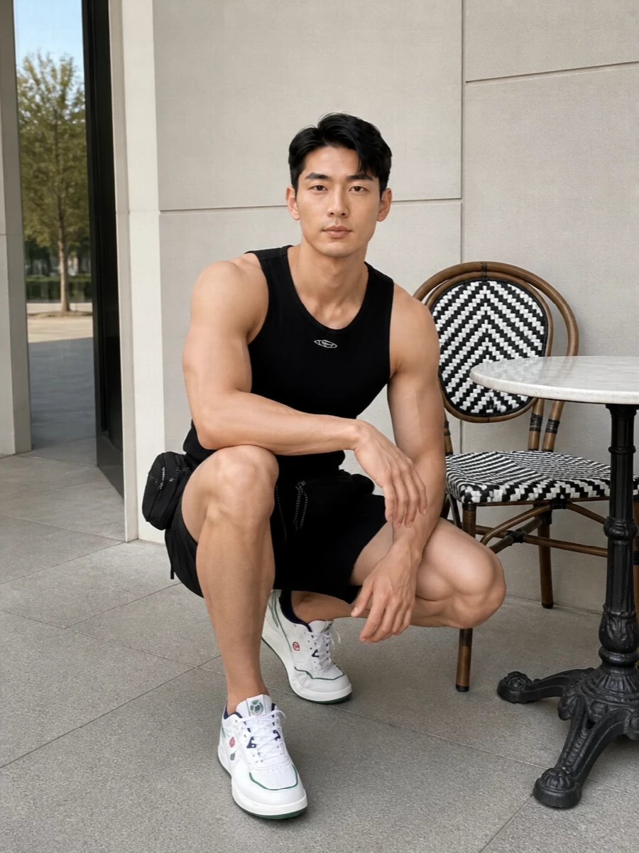 A black ribbed tank with matching black deck shorts creates a tight, athletic base that feels deliberate rather than casual. Retro-inspired white sneakers in navy and forest accents break the darkness with a sharp court energy. A sleek black belt bag keeps essentials close and the profile streamlined, so the whole outfit reads as modern, sport-focused streetwear you can move in all day.