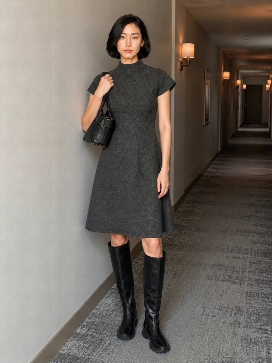 A sculpted Jil Sander charcoal dress and the sleek Miu Miu knee-high boots create a precise, monochrome line that feels modern, minimal, and quietly assertive. The Alexander Wang mini tote brings just enough downtown hardware to nod to the boots’ rugged sole without breaking the clean, tailored mood. This path leans into dress-and-boot simplicity, which suits the shoe’s graphic profile better than a separate top and skirt would.