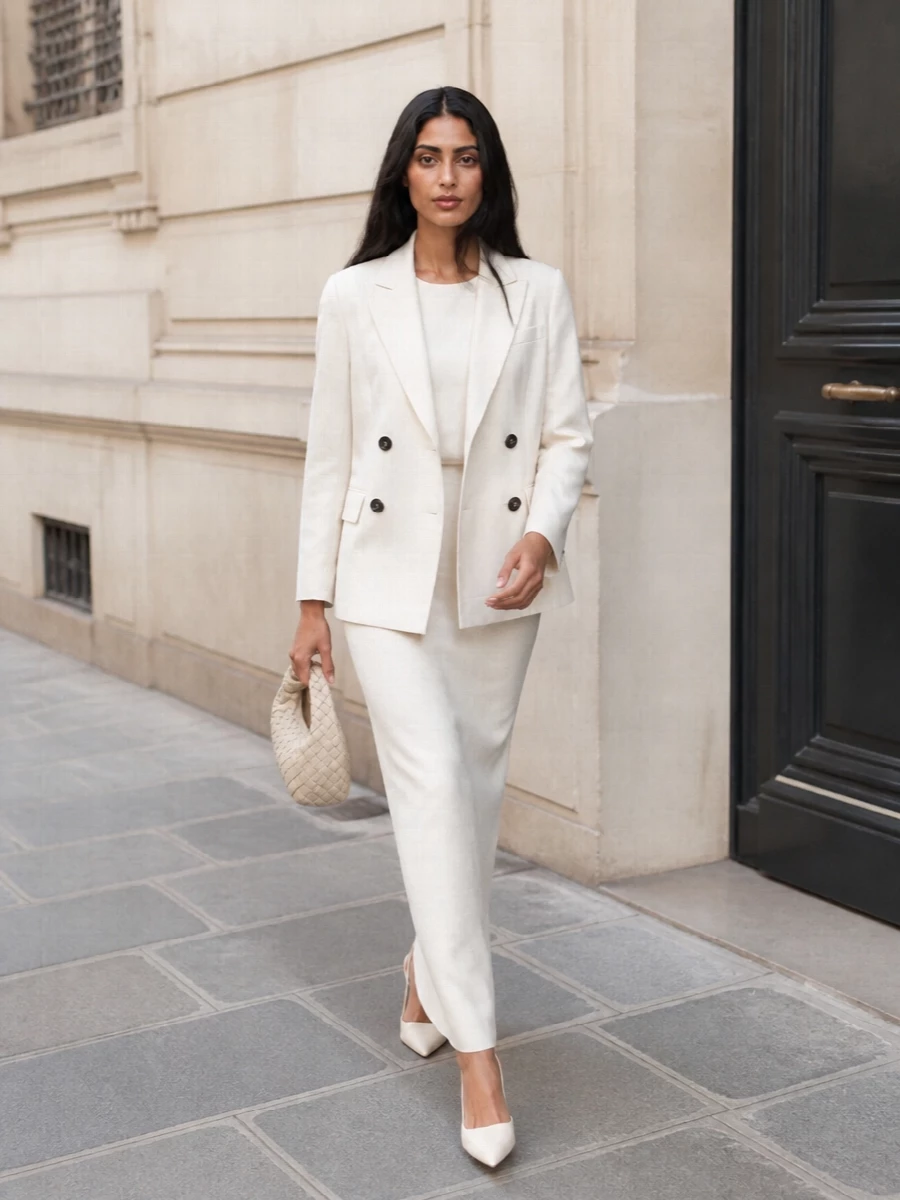 This look is a study in tonal, quiet luxury: the ivory double-breasted Brunello Cucinelli blazer frames the high-waisted ivory column dress, giving structure to its fluid, elongating silhouette. Cream slingback stilettos keep the line impeccably sharp, while the soft intrecciato mini hobo adds just enough texture for interest without breaking the serene, monochrome palette. It’s polished, modern SS tailoring for gallery openings, terrace dinners or discreet cocktail events.