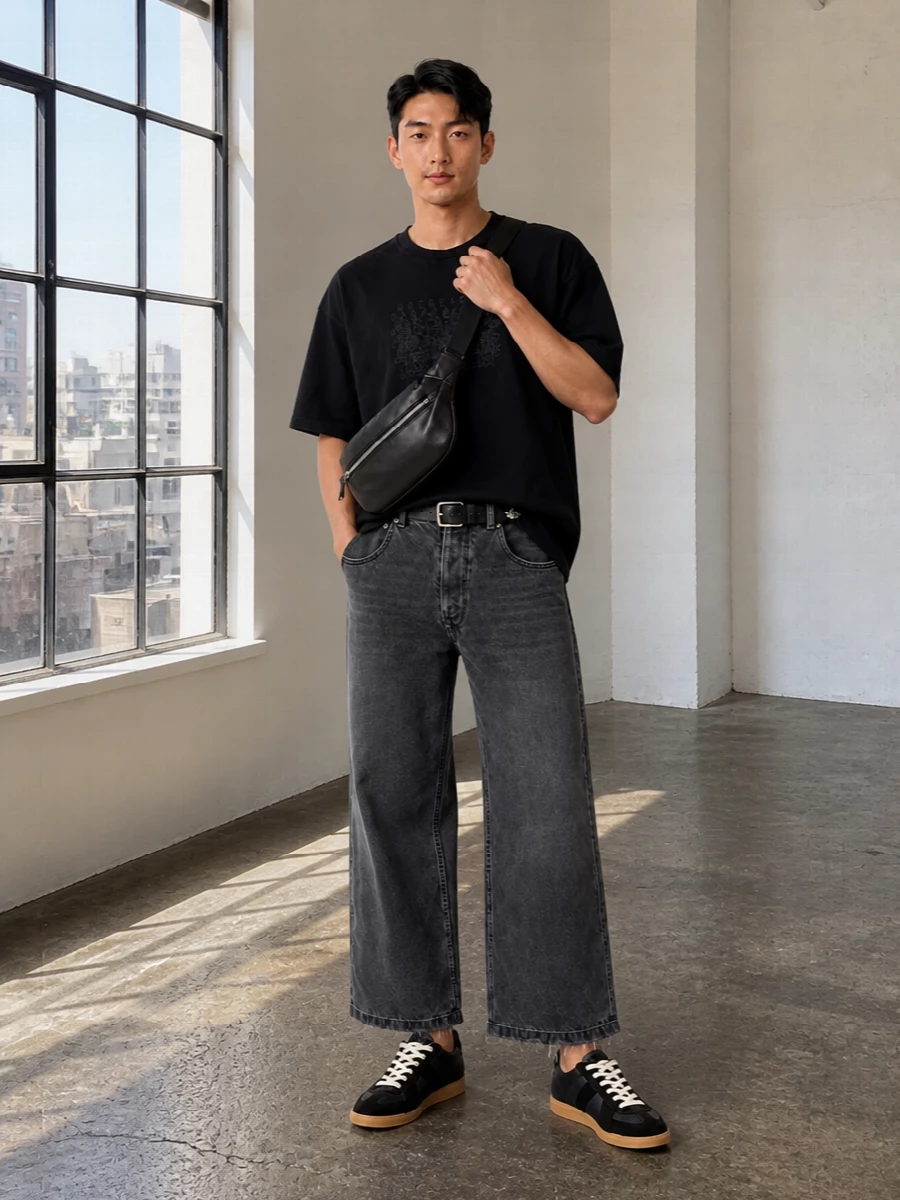 Maison margiela wide leg jeans black tee outfit