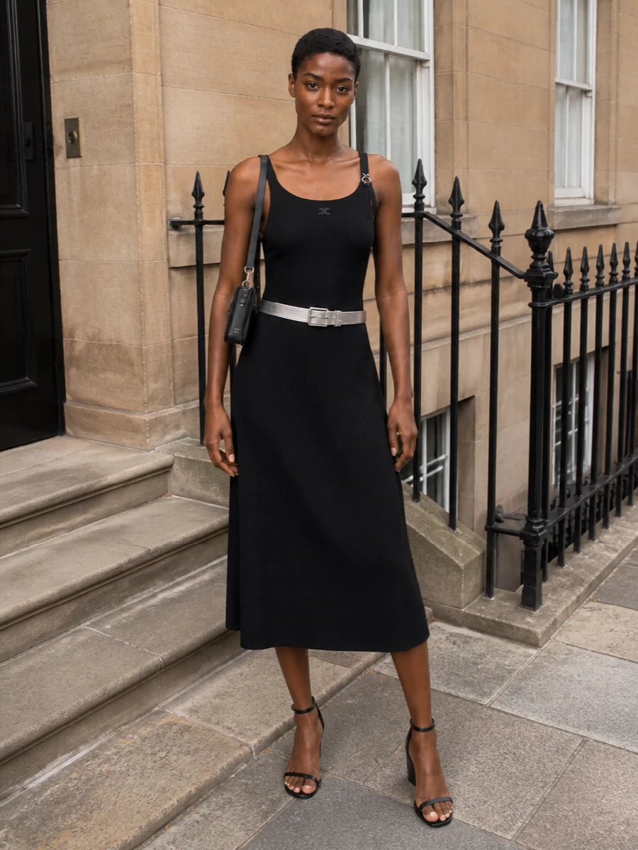 Courreges black ribbed midi dress wedge outfit