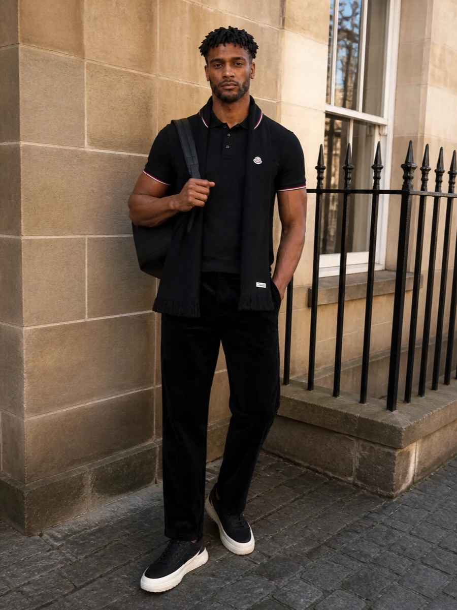 A black Moncler polo sits over deep black corduroy trousers for a quietly confident, preppy-sport uniform. Chunky-soled black sneakers keep it modern and relaxed, while a sleek black backpack and tonal scarf finish the outfit with understated, city-ready polish. It is an easy day-to-dinner combination that feels deliberate without ever reading overly formal.