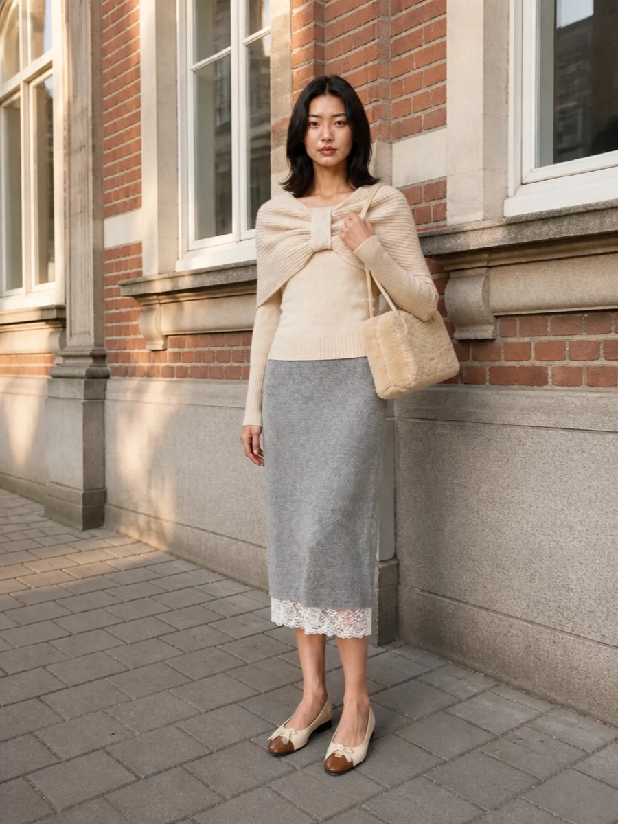 Cream-on-grey knit textures keep this outfit soft, romantic and quietly polished for colder days. The sculptural bow meets a slim lace-trimmed midi to create a long, feminine line, finished with low block-heel flats and a plush neutral bag for day-to-dinner ease. Every element stays within a calm, tonal palette so the silhouette and fabric details do the talking.