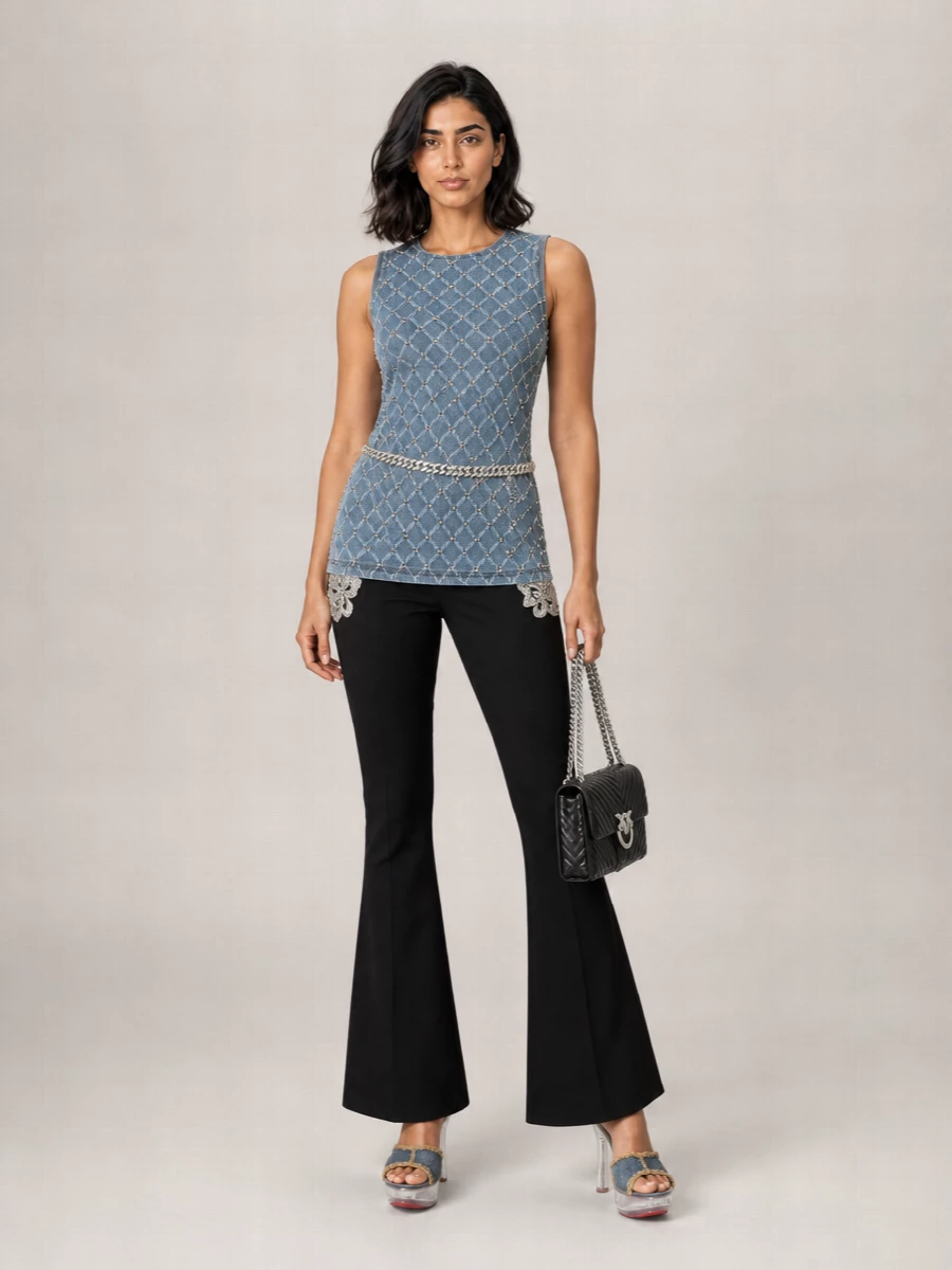 Pinko Cotton Denim Crystal-Embellished Sleeveless Mini Dress