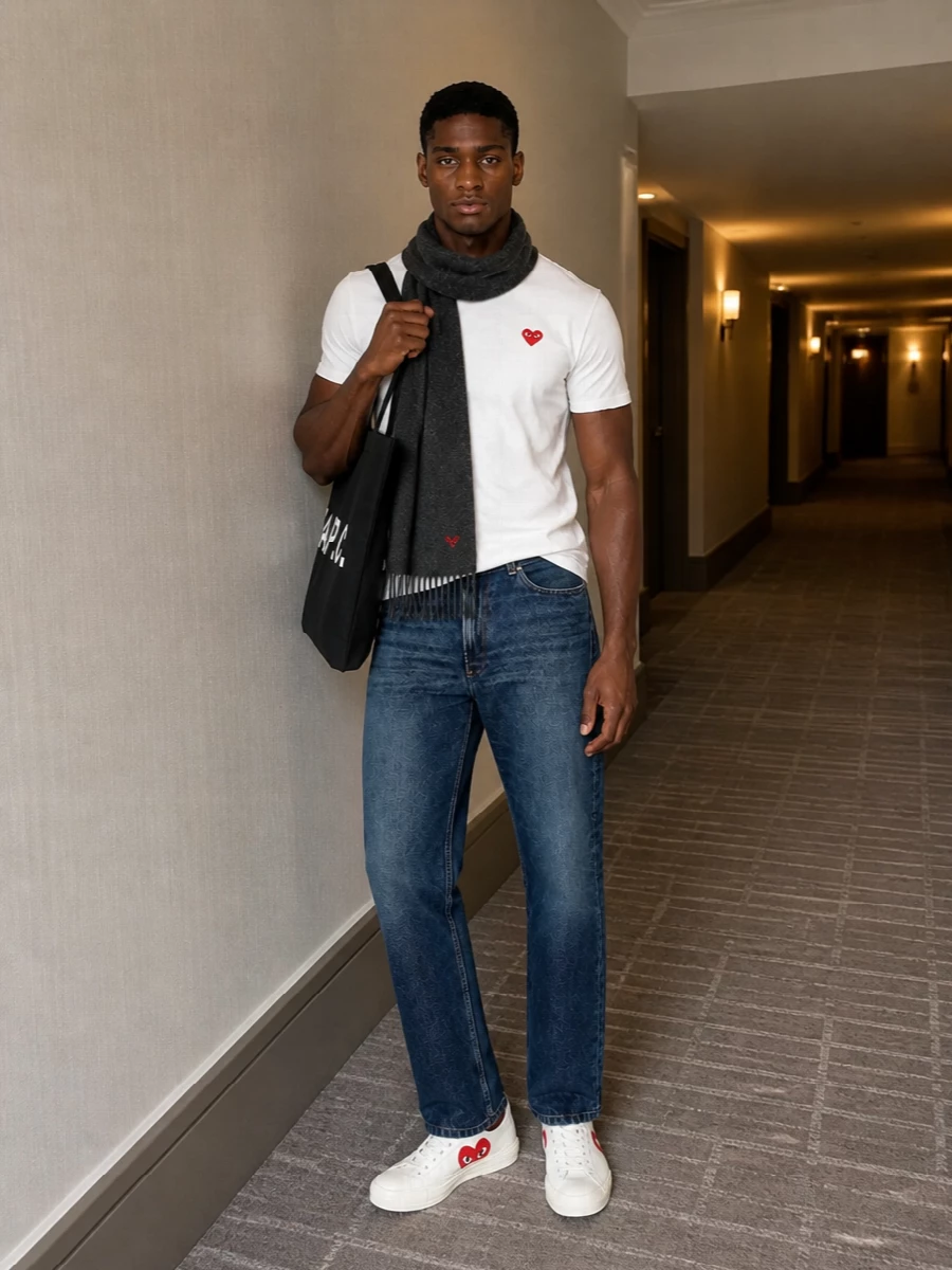 Soft white Play jersey, clean dark indigo denim and off-white canvas sneakers create a tight, graphic base that feels relaxed but considered. The black A.P.C. tote and charcoal Ami scarf add a Parisian city edge, keeping everything grounded in simple lines, restrained branding and a cohesive red-heart accent story. Wear the tee half-tucked to show the denim’s structure and let the small hits of red do the talking.
