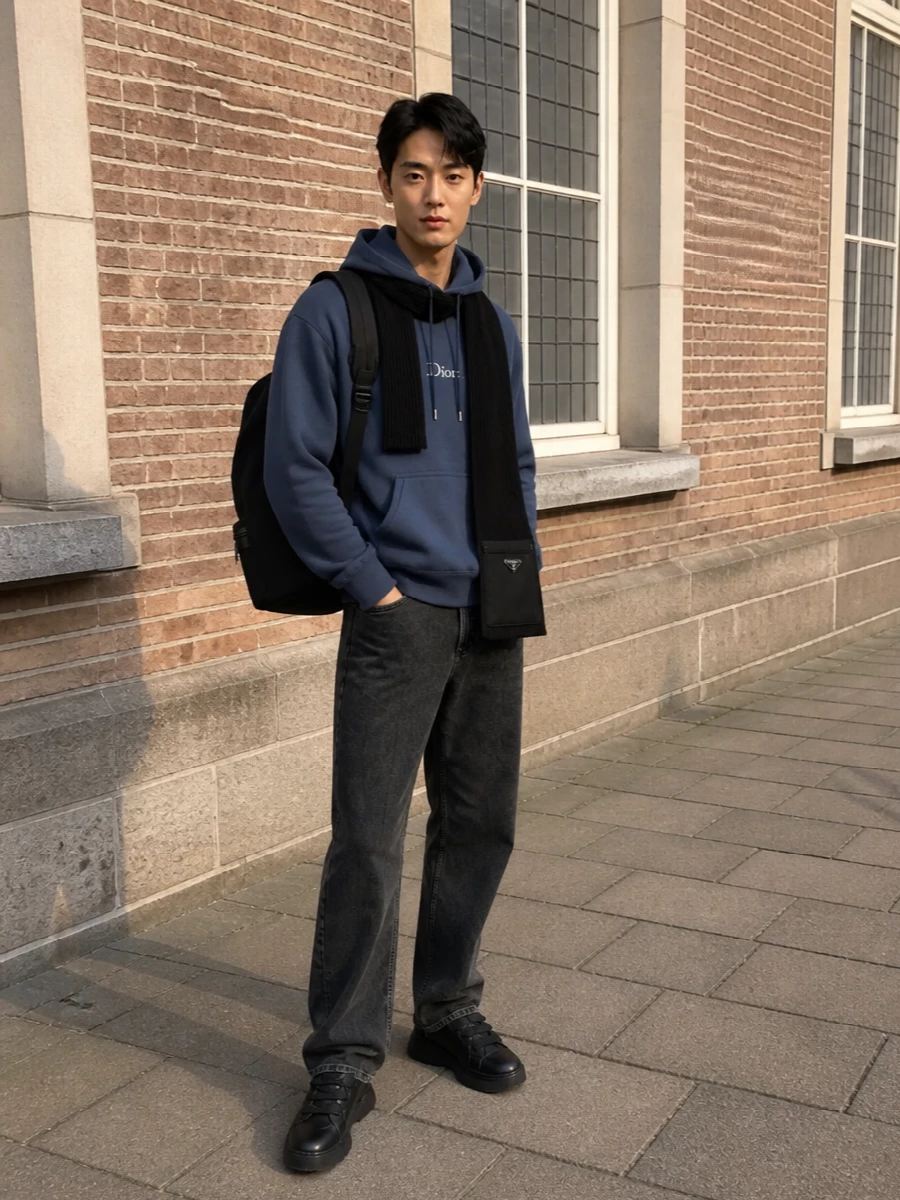 Slate blue and washed charcoal set a calm, urban palette that lets the Dior hoodie stay at the center while the jeans keep the mood relaxed but considered. Chunky black sneakers and a precise Saint Laurent backpack give the outfit weight and structure, with the Prada scarf adding a quiet technical note that still feels quietly polished for city days. The proportions stay easy and straight, so the whole ensemble reads clean, modern and quietly confident rather than sporty.