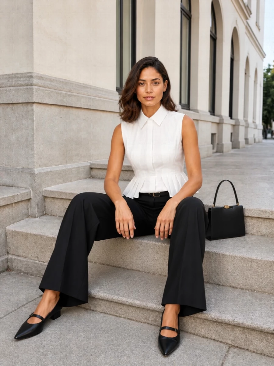 White peplum top black wide leg trousers outfit