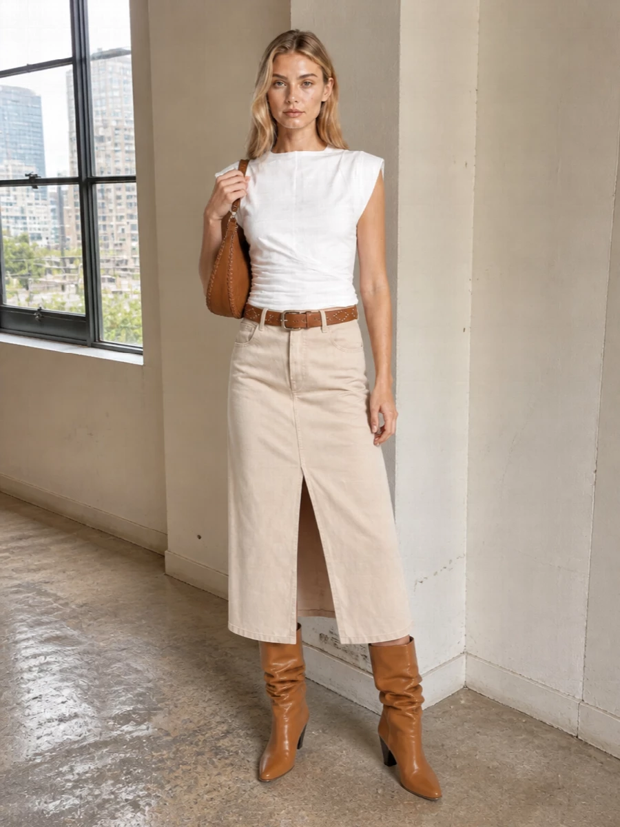A sand denim midi skirt meets a sculpted white sleeveless top for a clean, high-waisted line that feels relaxed but precise. Tan suede and leather accessories, from Western-leaning boots to a whipstitched hobo and studded belt, warm up the neutrals and lean into Isabel Marant’s boho Parisian edge. The result is an easy, day-to-dinner uniform that reads quietly confident rather than overstated.
