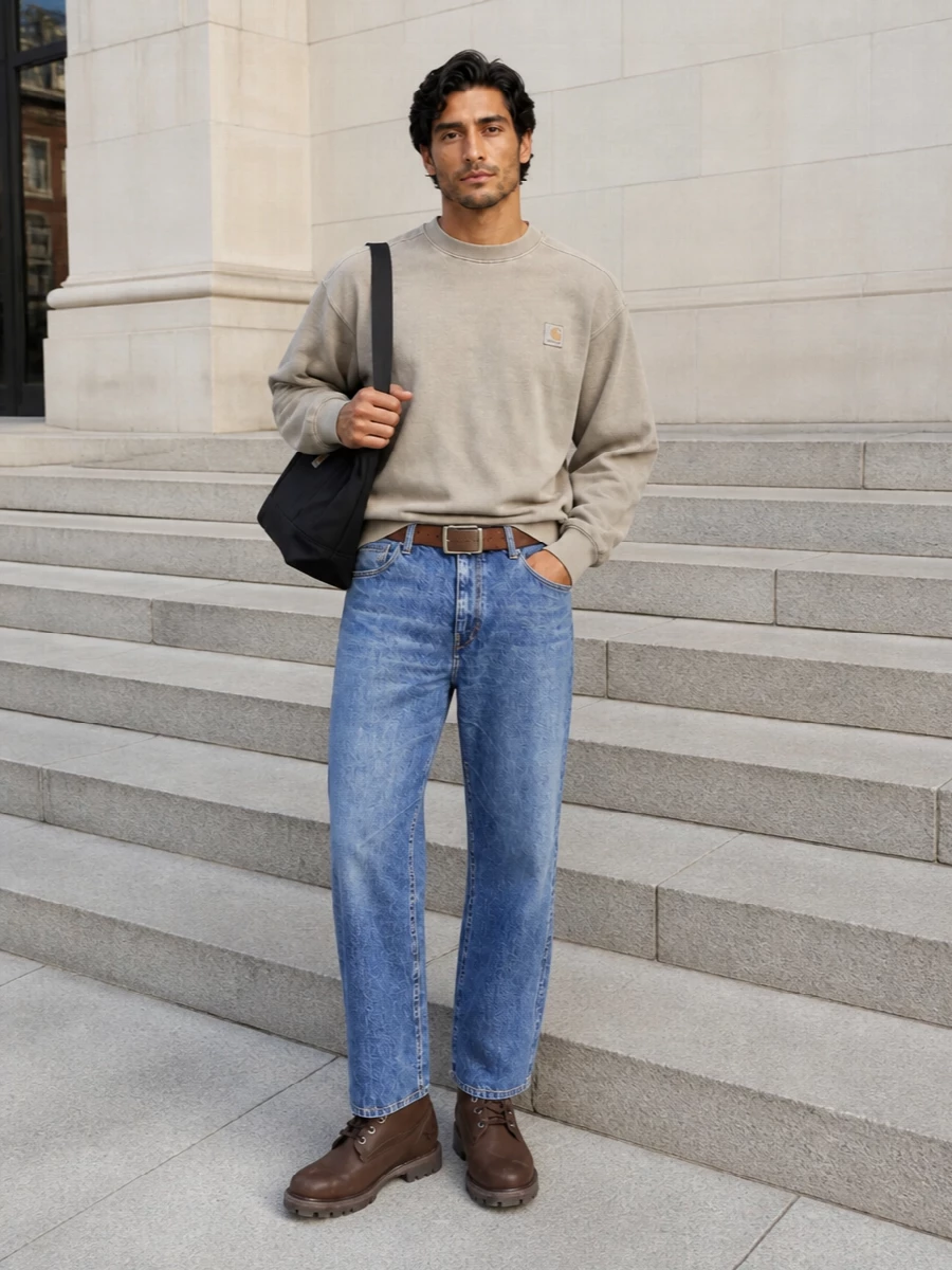 Carhartt wide leg jeans stone crew brown boots