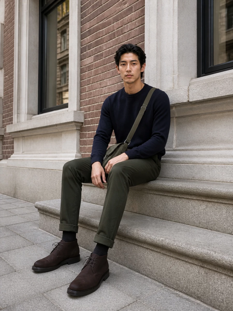 Dondup navy sweater olive chinos chukka boots