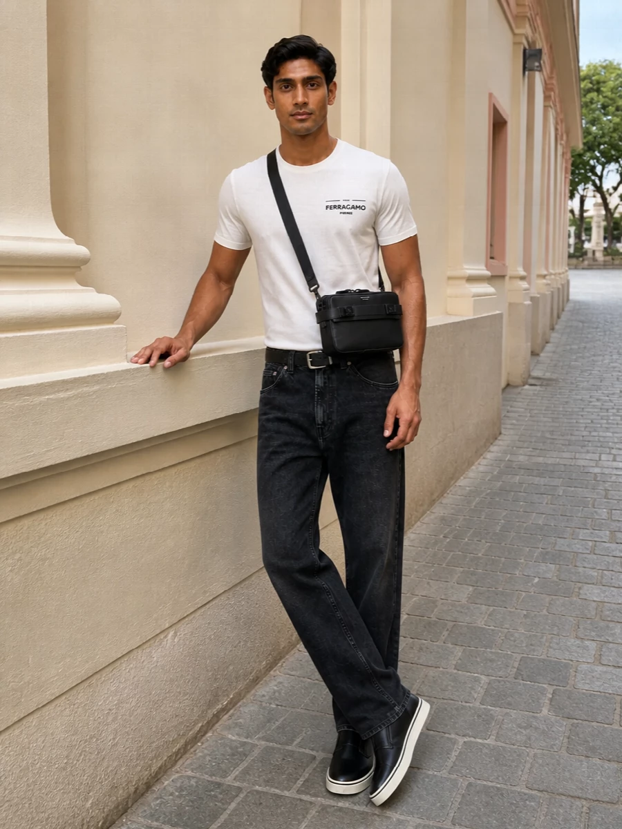 Ferragamo logo tee black jeans outfit