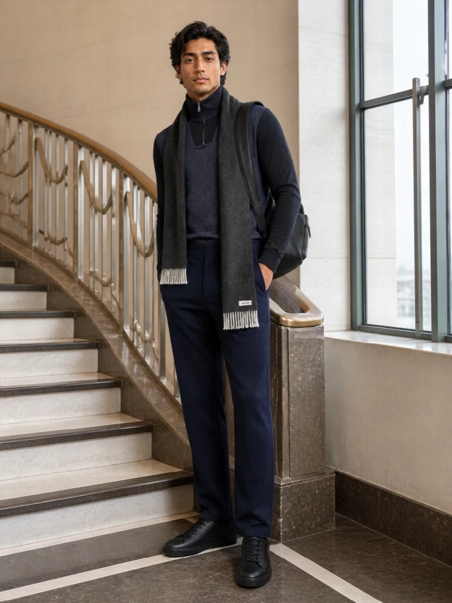 Emporio armani funnel neck navy trousers outfit