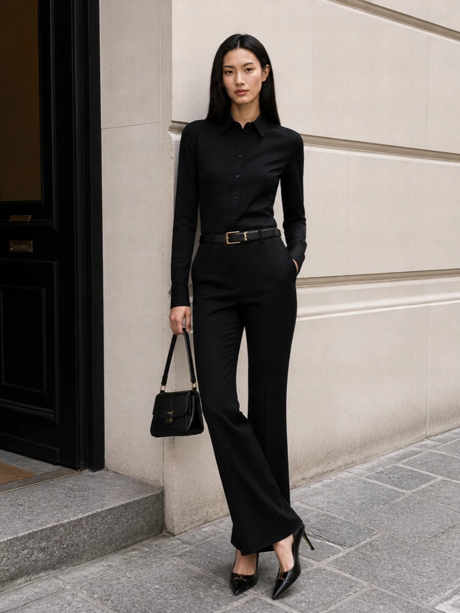 Sportmax black shirt flared trousers outfit