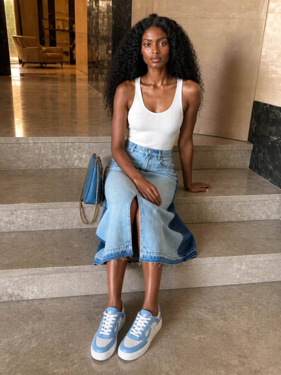 Stella mccartney denim midi skirt white tank