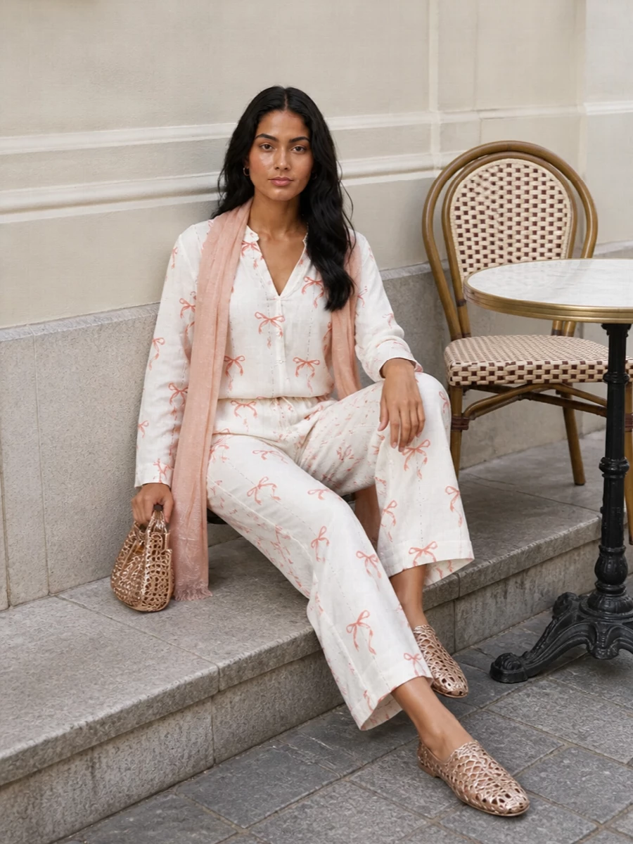 A coordinated bow-print set in soft ivory and coral red sets a playful, romantic tone that still feels quietly refined. Metallic woven accessories in rose-gold add a subtle holiday shimmer without breaking the relaxed straight-leg ease. A blush scarf brings one more whisper of warmth around the shoulders, perfect for slow summer city days or seaside lunches.