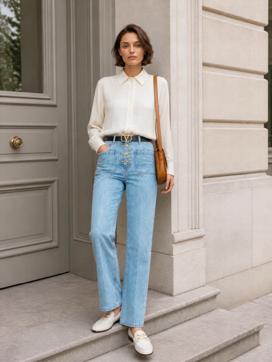 Valentino jeans ivory shirt loafers outfit