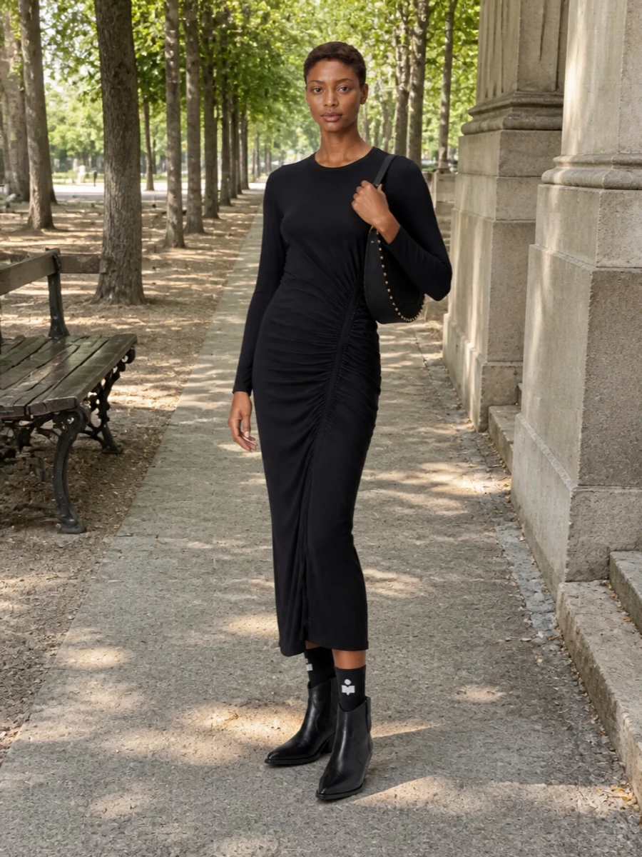 Isabel marant black ruched midi dress western boots