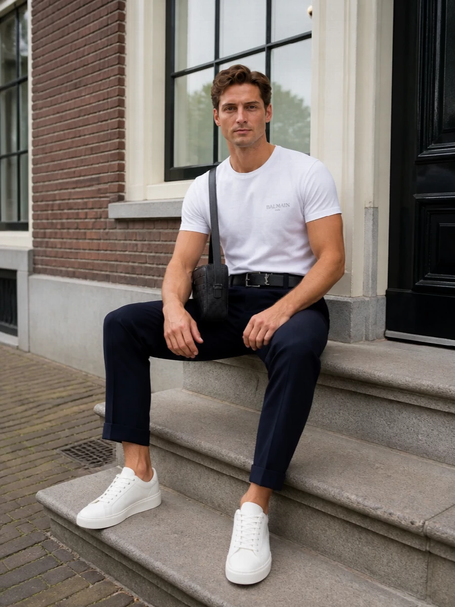 Balmain white tshirt navy trousers sneakers