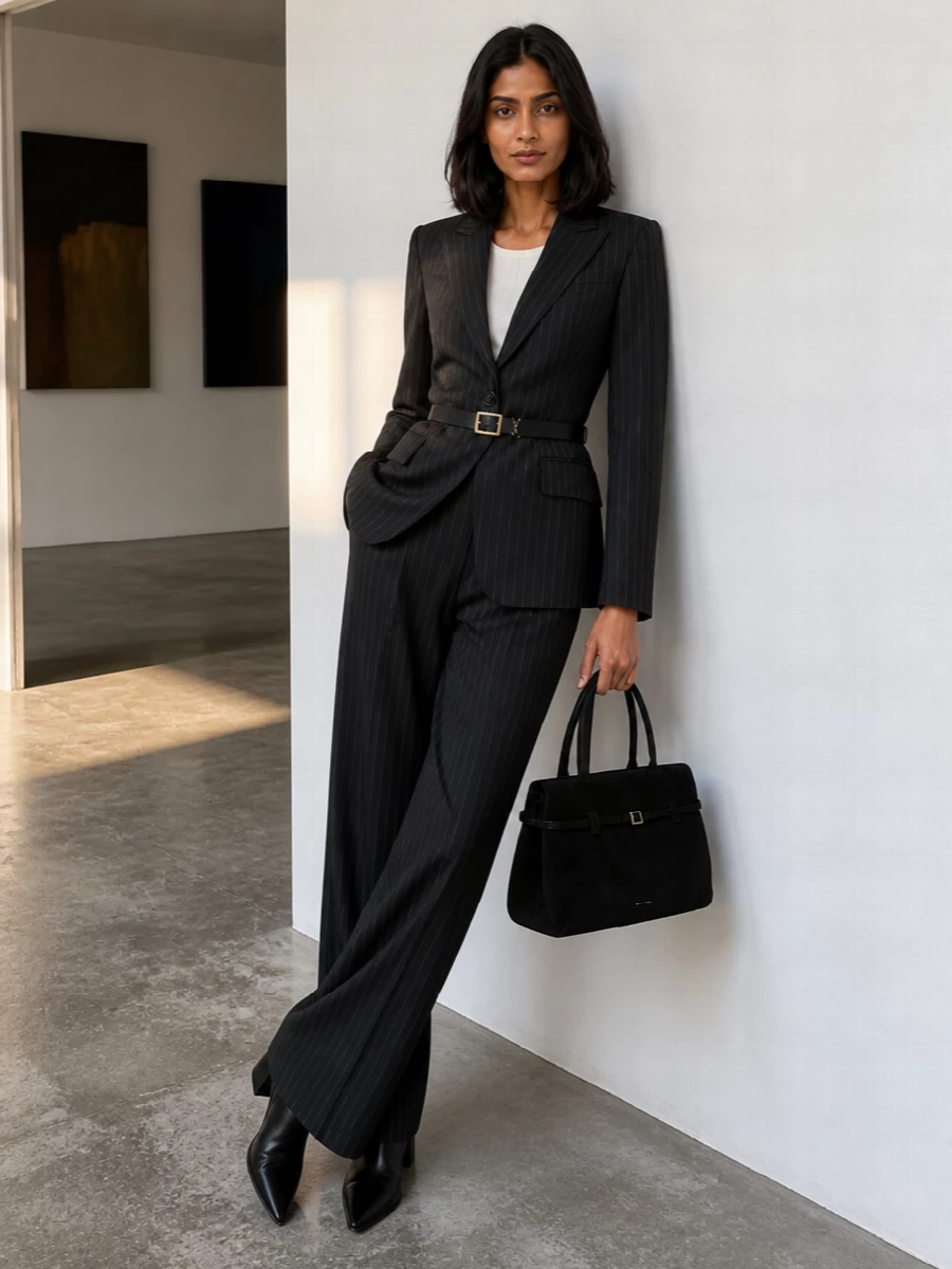 Andamane blazer pinstripe trousers prada boots