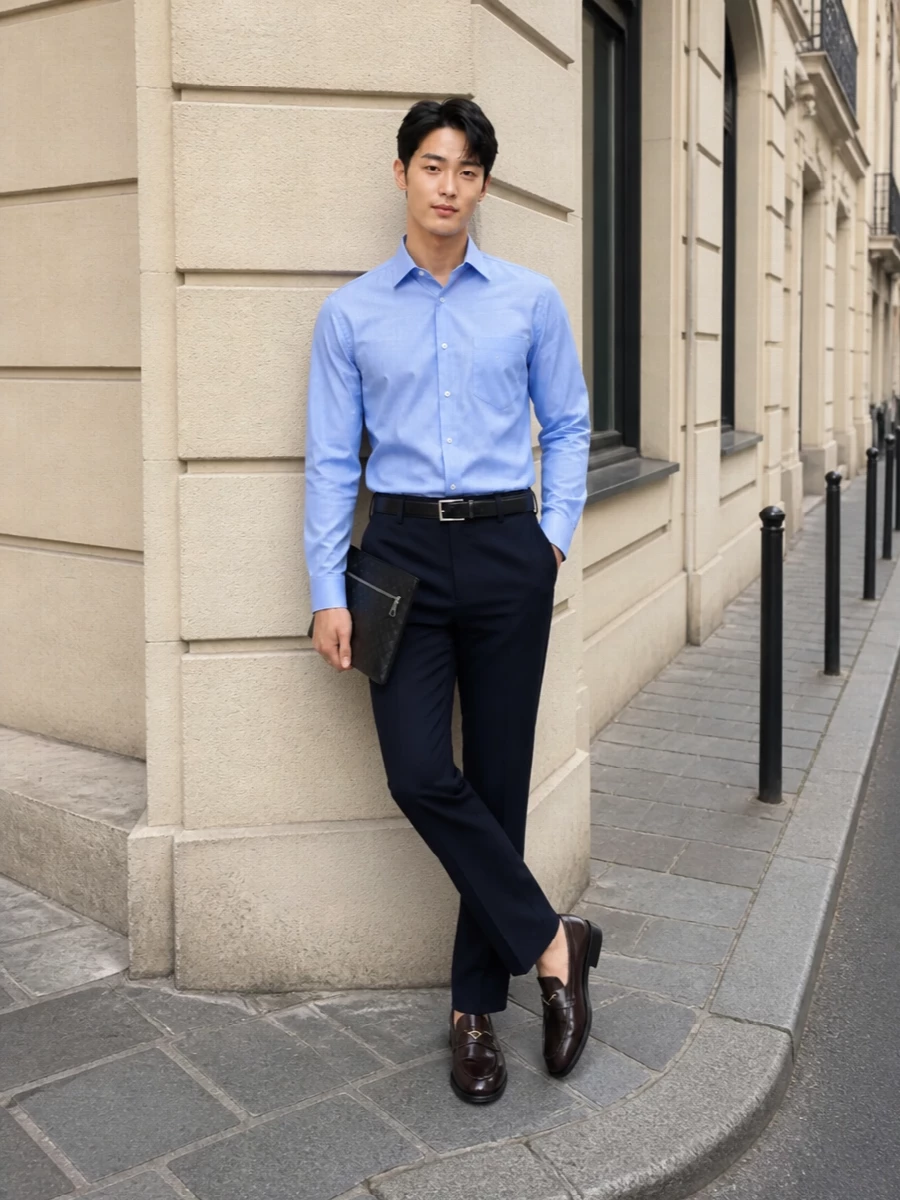 Prada light blue shirt navy trousers outfit