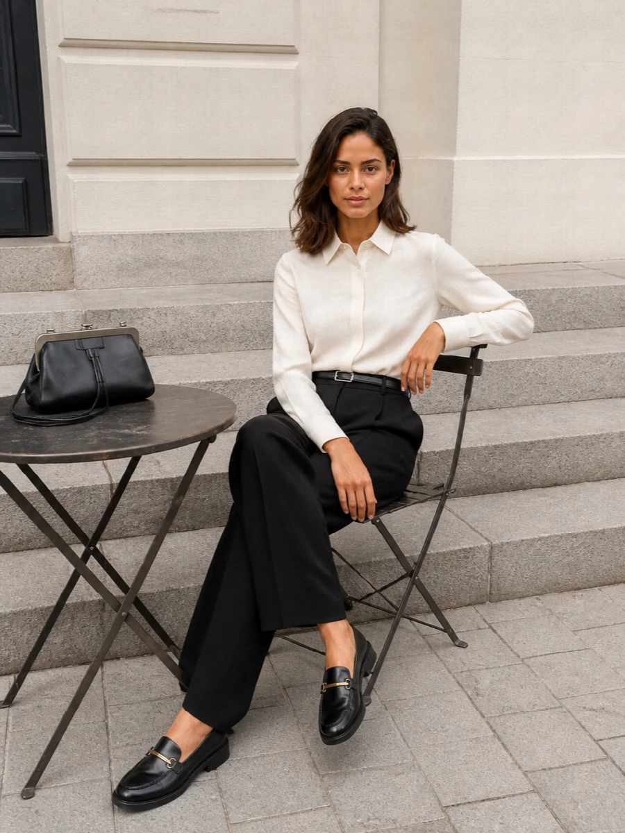 Max mara black wide leg trousers ivory shirt