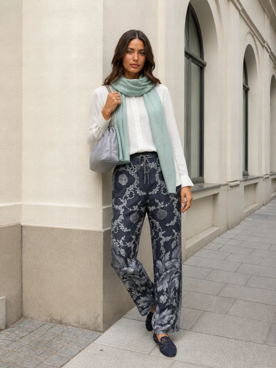 Pierre louis mascia satin pants ivory shirt outfit