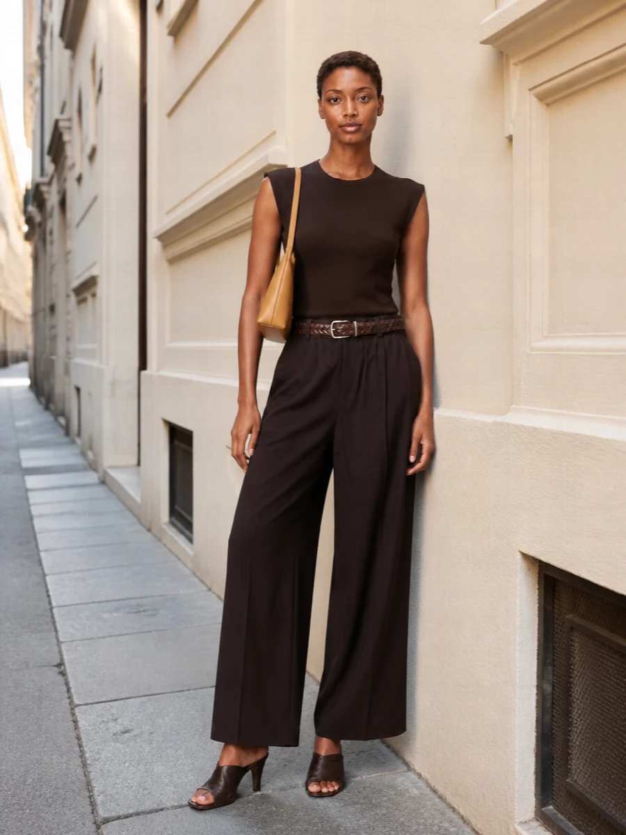 A deep chocolate column on top and bottom creates a sculpted yet relaxed line, with the fluid wide leg softening the tank’s strong shoulder. Matching brown heels extend that verticality, while a camel shoulder bag and slim braided belt introduce just enough contrast to keep the palette warm and considered. The result is quietly luxurious day dressing that slides easily into dinner without ever feeling overdone.