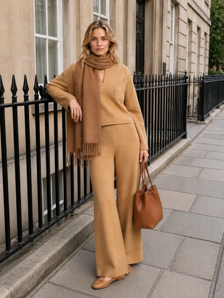 A monochrome camel knit pairing turns the wide-leg trouser into a full, softly tailored column, with the boxy top skimming above the high waist for relaxed structure. Camel ballerinas keep the palette seamless and the mood quietly polished, while the cognac bucket bag adds a subtle shift in brown that still feels restrained and luxurious. The camel scarf completes the story, layering in warmth and texture without disturbing the calm, minimal silhouette.