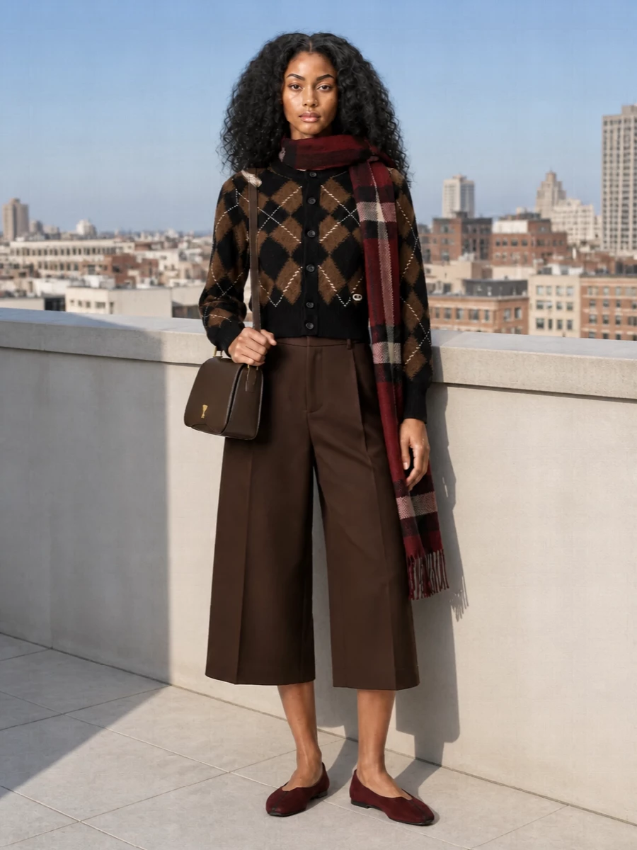 Ami’s argyle cardigan sits over sharp chocolate culottes for a collegiate mix that feels grown up and precise. Burgundy ballerinas and a matching-toned shoulder bag keep the palette rich yet controlled, with the checked scarf adding just enough pattern tension to stay interesting but still polished.