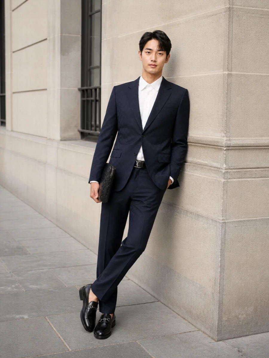 This look builds a modern navy Gucci suit story around the tailored trouser and matching GG blazer, anchored with a crisp black horsebit loafer for a sharply composed, day‑to‑dinner silhouette. A slim black intrecciato clutch and refined Saint Laurent belt keep the accessories architectural and understated, letting the cut, texture and deep-navy palette carry the quiet-luxury message.