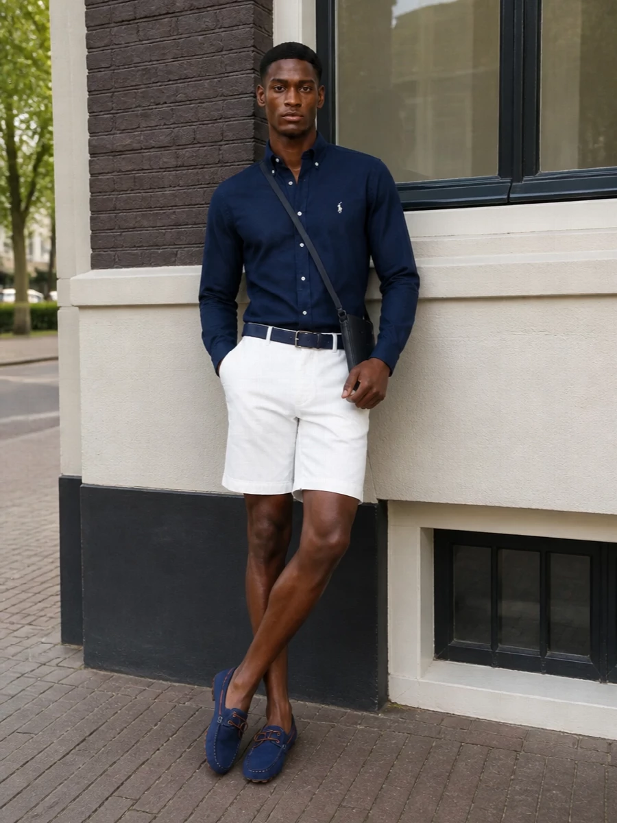 Polo ralph lauren navy shirt white shorts outfit